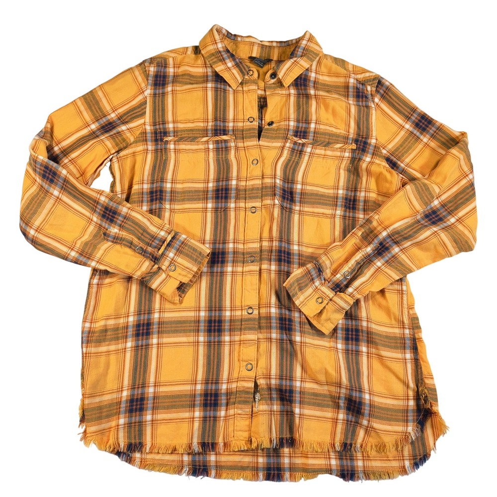 Eddie Bauer Womens Medium Plaid Button Down Shirt Long Sleeve Frayed Hem Relaxed